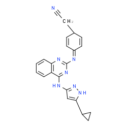 ChemSpider 2D Image | [(1R,4Z)-4-({4-[(5-Cyclopropyl-1H-pyrazol-3-yl)amino]-2-quinazolinyl}imino)-2,5-cyclohexadien-1-yl]acetonitrile | C22H19N7