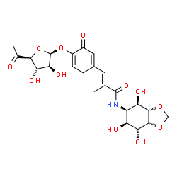 ChemSpider 2D Image | (2E)-3-{4-[(6-Deoxy-beta-D-arabino-hexofuranosyl-5-ulose)oxy]-3-oxo-1,4-cyclohexadien-1-yl}-2-methyl-N-[(3aS,4R,5R,6S,7R,7aR)-4,6,7-trihydroxyhexahydro-1,3-benzodioxol-5-yl]acrylamide | C23H29NO12