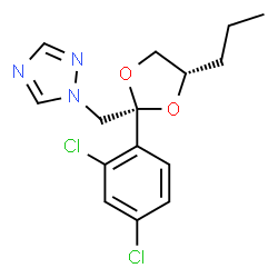 ChemSpider 2D Image | 1-{[(2R,4S)-2-(2,4-Dichlorophenyl)-4-propyl-1,3-dioxolan-2-yl]methyl}-1H-1,2,4-triazole | C15H17Cl2N3O2