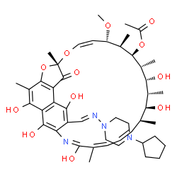 ChemSpider 2D Image | (7S,9Z,11S,12R,13S,14R,15R,16R,17S,18S,21Z)-26-{(E)-[(4-Cyclopentyl-1-piperazinyl)imino]methyl}-2,15,17,23,27,29-hexahydroxy-11-methoxy-3,7,12,14,16,18,22-heptamethyl-6-oxo-8,30-dioxa-24-azatetracyclo
[23.3.1.1~4,7~.0~5,28~]triaconta-1(28),2,4,9,19,21,23,25(29),26-nonaen-13-yl acetate | C47H64N4O12