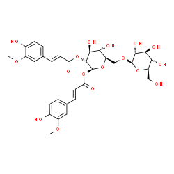 ChemSpider 2D Image | 6-O-beta-D-Glucopyranosyl-1,2-bis-O-[(2E)-3-(4-hydroxy-3-methoxyphenyl)-2-propenoyl]-beta-D-glucopyranose | C32H38O17