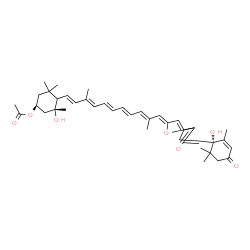 ChemSpider 2D Image | (1S,3R)-3-Hydroxy-4-{(1E,3E,5E,7E,9E,11Z)-11-[4-{2-[(1S)-1-hydroxy-2,6,6-trimethyl-4-oxo-2-cyclohexen-1-yl]vinyl}-5-oxo-2(5H)-furanylidene]-3,10-dimethyl-1,3,5,7,9-undecapentaen-1-yl}-3,5,5-trimethylc
yclohexyl acetate | C39H50O7