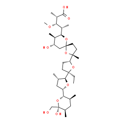 ChemSpider 2D Image | (2S,3S,4S)-4-[(2R,5R,7S,8R,9S)-2-{(2R,2'S,3'S,5R,5'S)-2-Ethyl-5'-[(2S,3S,5R,6S)-6-hydroxy-6-(hydroxymethyl)-3,5-dimethyltetrahydro-2H-pyran-2-yl]-3'-methyloctahydro-2,2'-bifuran-5-yl}-9-hydroxy-2,8-di
methyl-1,6-dioxaspiro[4.5]dec-7-yl]-3-methoxy-2-methylpentanoic acid | C36H62O11