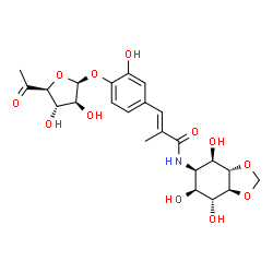 ChemSpider 2D Image | (2E)-3-{4-[(6-Deoxy-beta-D-arabino-hexofuranosyl-5-ulose)oxy]-3-hydroxyphenyl}-2-methyl-N-[(3aS,4R,5R,6S,7R,7aS)-4,6,7-trihydroxyhexahydro-1,3-benzodioxol-5-yl]acrylamide | C23H29NO12