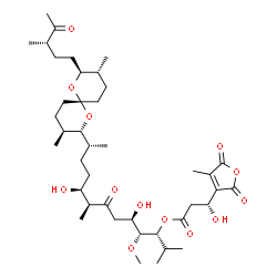 ChemSpider 2D Image | (3R,4R,5R,8S,9S,12R)-12-{(2R,3S,6R,8S,9R)-3,9-Dimethyl-8-[(3S)-3-methyl-4-oxopentyl]-1,7-dioxaspiro[5.5]undec-2-yl}-5,9-dihydroxy-4-methoxy-2,8-dimethyl-7-oxo-3-tridecanyl (3R)-3-hydroxy-3-(4-methyl-2
,5-dioxo-2,5-dihydro-3-furanyl)propanoate | C41H66O13