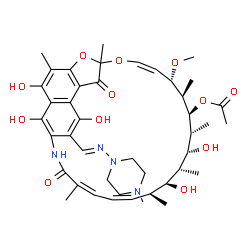 ChemSpider 2D Image | (9Z,11S,12R,13S,14R,15R,16R,17S,18S,19Z,21Z)-2,15,17,27,29-Pentahydroxy-11-methoxy-3,7,12,14,16,18,22-heptamethyl-26-{(E)-[(4-methyl-1-piperazinyl)imino]methyl}-6,23-dioxo-8,30-dioxa-24-azatetracyclo[
23.3.1.1~4,7~.0~5,28~]triaconta-1(28),2,4,9,19,21,25(29),26-octaen-13-yl acetate | C43H58N4O12