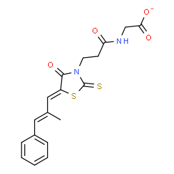ChemSpider 2D Image | [(3-{(5Z)-5-[(2E)-2-Methyl-3-phenyl-2-propen-1-ylidene]-4-oxo-2-thioxo-1,3-thiazolidin-3-yl}propanoyl)amino]acetate | C18H17N2O4S2