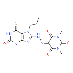 ChemSpider 2D Image | 1,3-Dimethyl-5-[(3-methyl-2,6-dioxo-7-propyl-2,3,6,7-tetrahydro-1H-purin-8-yl)hydrazono]-2,4,6(1H,3H,5H)-pyrimidinetrione | C15H18N8O5