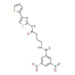 ChemSpider 2D Image | 3,5-Dinitro-N-(4-oxo-4-{[4-(2-thienyl)-1,3-thiazol-2-yl]amino}butyl)benzamide | C18H15N5O6S2