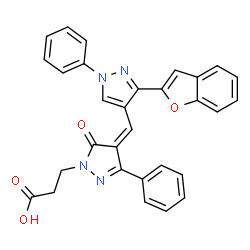 ChemSpider 2D Image | 3-[(4Z)-4-{[3-(1-Benzofuran-2-yl)-1-phenyl-1H-pyrazol-4-yl]methylene}-5-oxo-3-phenyl-4,5-dihydro-1H-pyrazol-1-yl]propanoic acid | C30H22N4O4