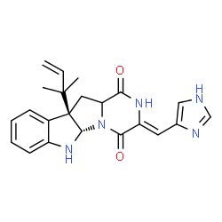 ChemSpider 2D Image | (3Z,5aS,10bR)-3-(1H-Imidazol-4-ylmethylene)-10b-(2-methyl-3-buten-2-yl)-6,10b,11,11a-tetrahydro-2H-pyrazino[1',2':1,5]pyrrolo[2,3-b]indole-1,4(3H,5aH)-dione | C22H23N5O2