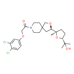 ChemSpider 2D Image | 2-(3,4-Dichlorophenoxy)-1-{(3R)-3-[(2R,5R)-5-(2-hydroxy-2-propanyl)-2-methyltetrahydro-2-furanyl]-2-oxa-8-azaspiro[4.5]dec-8-yl}ethanone | C24H33Cl2NO5