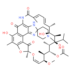 ChemSpider 2D Image | (7S,9Z,11S,12R,13S,14R,15R,16R,17S,18S,19E,21E)-2,15,17-Trihydroxy-1'-isobutyl-11-methoxy-3,7,12,14,16,18,22-heptamethyl-6,23,32-trioxospiro[8,33-dioxa-24,27,29-triazapentacyclo[23.6.1.1~4,7~.0~5,31~.
0~26,30~]tritriaconta-1(31),2,4,9,19,21,25,29-octaene-28,4'-piperidin]-13-yl acetate | C46H62N4O11