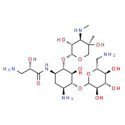 ChemSpider 2D Image | (2S)-3-Amino-N-[(1R,2S,3S,4R,5S)-5-amino-4-[(6-amino-6-deoxy-D-glucopyranosyl)oxy]-2-{[3-deoxy-4-C-methyl-3-(methylamino)-beta-L-arabinopyranosyl]oxy}-3-hydroxycyclohexyl]-2-hydroxypropanamide | C22H43N5O12