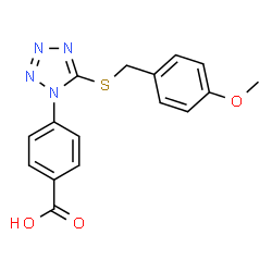 ChemSpider 2D Image | 4-{5-[(4-Methoxybenzyl)sulfanyl]-1H-tetrazol-1-yl}benzoic acid | C16H14N4O3S