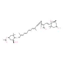 ChemSpider 2D Image | (1S,3R)-3-Hydroxy-4-{(3E,5E,7E,9E)-11-[4-{(E)-2-[(1S,4S,6R)-4-hydroxy-2,2,6-trimethyl-7-oxabicyclo[4.1.0]hept-1-yl]vinyl}-5-oxo-2(5H)-furanylidene]-3,10-dimethyl-1,3,5,7,9-undecapentaen-1-ylidene}-3,5
,5-trimethylcyclohexyl acetate | C39H50O7
