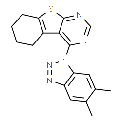 ChemSpider 2D Image | 4-(5,6-Dimethyl-1H-benzotriazol-1-yl)-5,6,7,8-tetrahydro[1]benzothieno[2,3-d]pyrimidine | C18H17N5S