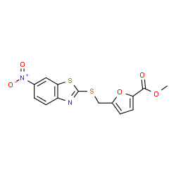 ChemSpider 2D Image | Methyl 5-{[(6-nitro-1,3-benzothiazol-2-yl)sulfanyl]methyl}-2-furoate | C14H10N2O5S2