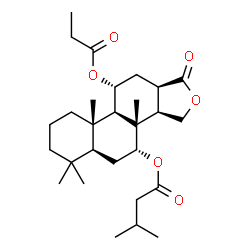 ChemSpider 2D Image | (3aR,3bS,4R,5aS,9aS,9bR,10R,11aR)-3b,6,6,9a-Tetramethyl-1-oxo-10-(propionyloxy)hexadecahydrophenanthro[1,2-c]furan-4-yl 3-methylbutanoate | C28H44O6