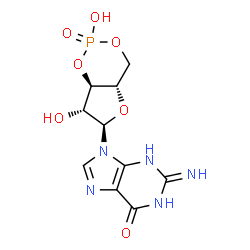 ChemSpider 2D Image | 2-Amino-9-[(2R,4aS,6R,7R,7aR)-2,7-dihydroxy-2-oxidotetrahydro-4H-furo[3,2-d][1,3,2]dioxaphosphinin-6-yl]-1,9-dihydro-6H-purin-6-one | C10H12N5O7P