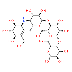 ChemSpider 2D Image | 4,6-Dideoxy-4-{[(1S,4R,5S,6S)-4,5,6-trihydroxy-3-(hydroxymethyl)-2-cyclohexen-1-yl]amino}-alpha-D-glucopyranosyl-(1->4)-beta-D-glucopyranosyl-(1->4)-beta-D-gulopyranose | C25H43NO18