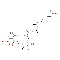ChemSpider 2D Image | 2-[(1R)-3-{[(2R,3S,4R,7S,8S,11S,13S,16E,18E)-19-Carboxy-17-ethyl-4,8-dihydroxy-3,7,11,13-tetramethyl-6-oxo-16,18-nonadecadien-2-yl]oxy}-1-hydroxy-3-oxopropyl]-3-methylsuccinic acid (non-preferred name
) | C34H56O12