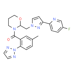 ChemSpider 2D Image | (2-{[3-(5-Fluoro-2-pyridinyl)-1H-pyrazol-1-yl]methyl}-1,3-oxazinan-3-yl)[5-methyl-2-(2H-1,2,3-triazol-2-yl)phenyl]methanone | C23H22FN7O2