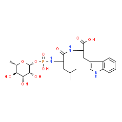 ChemSpider 2D Image | 2-({2-[(Hydroxy{[(2R,3R,4R,5R,6S)-3,4,5-trihydroxy-6-methyltetrahydro-2H-pyran-2-yl]oxy}phosphoryl)amino]-4-methylpentanoyl}amino)-3-(1H-indol-3-yl)propanoic acid (non-preferred name) | C23H34N3O10P