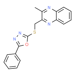 ChemSpider 2D Image | 2-Methyl-3-{[(5-phenyl-1,3,4-oxadiazol-2-yl)sulfanyl]methyl}quinoxaline | C18H14N4OS
