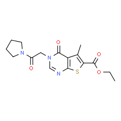ChemSpider 2D Image | Ethyl 5-methyl-4-oxo-3-[2-oxo-2-(1-pyrrolidinyl)ethyl]-3,4-dihydrothieno[2,3-d]pyrimidine-6-carboxylate | C16H19N3O4S