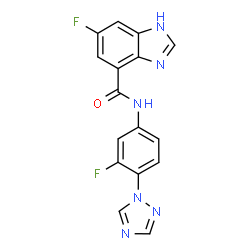 ChemSpider 2D Image | 6-Fluoro-N-[3-fluoro-4-(1H-1,2,4-triazol-1-yl)phenyl]-1H-benzimidazole-4-carboxamide | C16H10F2N6O