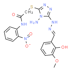 ChemSpider 2D Image | 2-({4-Amino-5-[(2E)-2-(2-hydroxy-3-methoxybenzylidene)hydrazino]-4H-1,2,4-triazol-3-yl}sulfanyl)-N-(2-nitrophenyl)acetamide | C18H18N8O5S
