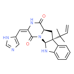 ChemSpider 2D Image | (3E,5aS,10bR,11aR)-3-(1H-Imidazol-4-ylmethylene)-10b-(2-methyl-3-buten-2-yl)-6,10b,11,11a-tetrahydro-2H-pyrazino[1',2':1,5]pyrrolo[2,3-b]indole-1,4(3H,5aH)-dione | C22H23N5O2