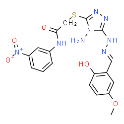 ChemSpider 2D Image | 2-({4-Amino-5-[(2E)-2-(2-hydroxy-5-methoxybenzylidene)hydrazino]-4H-1,2,4-triazol-3-yl}sulfanyl)-N-(3-nitrophenyl)acetamide | C18H18N8O5S