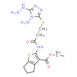 ChemSpider 2D Image | Ethyl 2-({3-[(4-amino-5-hydrazino-4H-1,2,4-triazol-3-yl)sulfanyl]propanoyl}amino)-5,6-dihydro-4H-cyclopenta[b]thiophene-3-carboxylate | C15H21N7O3S2