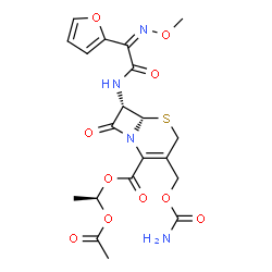 ChemSpider 2D Image | (1R)-1-Acetoxyethyl (6S,7S)-3-[(carbamoyloxy)methyl]-7-{[(2Z)-2-(2-furyl)-2-(methoxyimino)acetyl]amino}-8-oxo-5-thia-1-azabicyclo[4.2.0]oct-2-ene-2-carboxylate | C20H22N4O10S