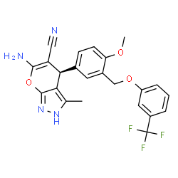 ChemSpider 2D Image | (4R)-6-Amino-4-(4-methoxy-3-{[3-(trifluoromethyl)phenoxy]methyl}phenyl)-3-methyl-2,4-dihydropyrano[2,3-c]pyrazole-5-carbonitrile | C23H19F3N4O3