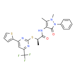 ChemSpider 2D Image | (2R)-N-(1,5-Dimethyl-3-oxo-2-phenyl-2,3-dihydro-1H-pyrazol-4-yl)-2-{[4-(2-thienyl)-6-(trifluoromethyl)-2-pyrimidinyl]sulfanyl}propanamide | C23H20F3N5O2S2
