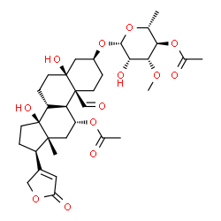 ChemSpider 2D Image | (3beta,5beta,11alpha)-11-Acetoxy-3-[(4-O-acetyl-6-deoxy-3-O-methyl-beta-D-mannopyranosyl)oxy]-5,14-dihydroxy-19-oxocard-20(22)-enolide | C34H48O13