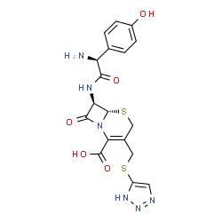 ChemSpider 2D Image | (6S,7R)-7-{[(2S)-2-Ammonio-2-(4-hydroxyphenyl)acetyl]amino}-8-oxo-3-[(2H-1,2,3-triazol-4-ylsulfanyl)methyl]-5-thia-1-azabicyclo[4.2.0]oct-2-ene-2-carboxylate | C18H18N6O5S2