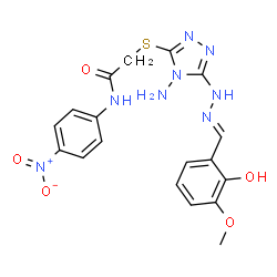 ChemSpider 2D Image | 2-({4-Amino-5-[(2E)-2-(2-hydroxy-3-methoxybenzylidene)hydrazino]-4H-1,2,4-triazol-3-yl}sulfanyl)-N-(4-nitrophenyl)acetamide | C18H18N8O5S