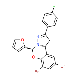 ChemSpider 2D Image | (5R,10bR)-7,9-Dibromo-2-(4-chlorophenyl)-5-(2-furyl)-1,10b-dihydropyrazolo[1,5-c][1,3]benzoxazine | C20H13Br2ClN2O2