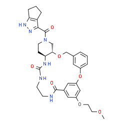 ChemSpider 2D Image | (10S,15S)-25-(2-Methoxyethoxy)-12-(1,4,5,6-tetrahydrocyclopenta[c]pyrazol-3-ylcarbonyl)-2,9-dioxa-12,16,18,21-tetraazatetracyclo[21.3.1.1~3,7~.0~10,15~]octacosa-1(27),3(28),4,6,23,25-hexaene-17,22-dio
ne | C32H38N6O7