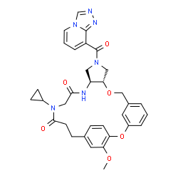 ChemSpider 2D Image | (10S,14S)-18-Cyclopropyl-24-methoxy-12-([1,2,4]triazolo[4,3-a]pyridin-8-ylcarbonyl)-2,9-dioxa-12,15,18-triazatetracyclo[20.2.2.1~3,7~.0~10,14~]heptacosa-1(24),3(27),4,6,22,25-hexaene-16,19-dione | C33H34N6O6