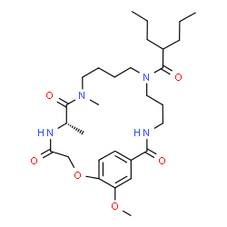 ChemSpider 2D Image | (6S)-21-Methoxy-6,8-dimethyl-13-(2-propylpentanoyl)-2-oxa-5,8,13,17-tetraazabicyclo[17.2.2]tricosa-1(21),19,22-triene-4,7,18-trione | C29H46N4O6