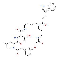 ChemSpider 2D Image | (16S,19R)-16-[(1R)-1-Hydroxyethyl]-9-[3-(1H-indol-3-yl)propanoyl]-19-isobutyl-2-oxa-5,9,14,17,20-pentaazabicyclo[21.3.1]heptacosa-1(27),23,25-triene-4,15,18,21-tetrone | C38H52N6O7