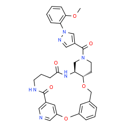 ChemSpider 2D Image | (10S,15S)-13-{[1-(2-Methoxyphenyl)-1H-pyrazol-4-yl]carbonyl}-2,9-dioxa-13,16,21,25-tetraazatetracyclo[21.3.1.1~3,7~.0~10,15~]octacosa-1(27),3(28),4,6,23,25-hexaene-17,22-dione | C33H34N6O6
