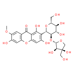 ChemSpider 2D Image | (1S)-1,5-Anhydro-2-O-[(2S,3R,4R)-3,4-dihydroxy-4-(hydroxymethyl)tetrahydro-2-furanyl]-1-(1,3,6-trihydroxy-7-methoxy-9-oxo-9H-xanthen-2-yl)-D-glucitol | C25H28O15