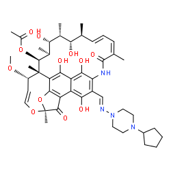 ChemSpider 2D Image | (7S,9E,11S,12S,13S,14S,15R,16R,17S,18S,19E,21Z)-26-{(E)-[(4-Cyclopentyl-1-piperazinyl)imino]methyl}-2,15,17,27,29-pentahydroxy-11-methoxy-3,7,12,14,16,18,22-heptamethyl-6,23-dioxo-8,30-dioxa-24-azatet
racyclo[23.3.1.1~4,7~.0~5,28~]triaconta-1(29),2,4,9,19,21,25,27-octaen-13-yl acetate | C47H64N4O12