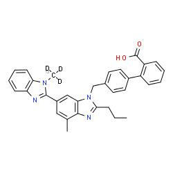 ChemSpider 2D Image | 4'-{[7'-Methyl-1-(~13~C,~2~H_3_)methyl-2'-propyl-1H,3'H-2,5'-bibenzimidazol-3'-yl]methyl}-2-biphenylcarboxylic acid | C3213CH27D3N4O2